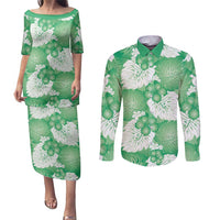 Green Aloha Hawaii Couples Matching Puletasi and Long Sleeve Button Shirt Monstera Hibiscus Plumeria Seamless Vibes - Polynesian Pride
