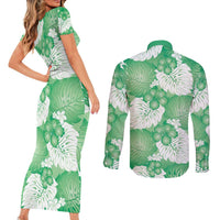 Green Aloha Hawaii Couples Matching Short Sleeve Bodycon Dress and Long Sleeve Button Shirt Monstera Hibiscus Plumeria Seamless Vibes - Polynesian Pride
