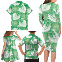 Green Aloha Hawaii Family Matching Long Sleeve Bodycon Dress and Hawaiian Shirt Monstera Hibiscus Plumeria Seamless Vibes - Polynesian Pride