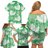 Green Aloha Hawaii Family Matching Off Shoulder Short Dress and Hawaiian Shirt Monstera Hibiscus Plumeria Seamless Vibes - Polynesian Pride