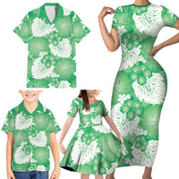 Green Aloha Hawaii Family Matching Short Sleeve Bodycon Dress and Hawaiian Shirt Monstera Hibiscus Plumeria Seamless Vibes - Polynesian Pride