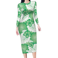 Green Aloha Hawaii Long Sleeve Bodycon Dress Monstera Hibiscus Plumeria Seamless Vibes - Polynesian Pride