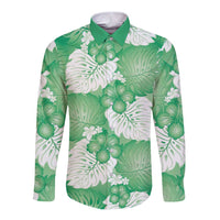 Green Aloha Hawaii Long Sleeve Button Shirt Monstera Hibiscus Plumeria Seamless Vibes - Polynesian Pride