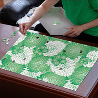 Green Aloha Hawaii Puzzle Monstera Hibiscus Plumeria Seamless Vibes - Polynesian Pride