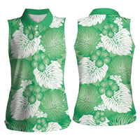 Green Aloha Hawaii Women Sleeveless Polo Shirt Monstera Hibiscus Plumeria Seamless Vibes - Polynesian Pride