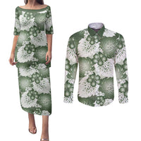 Sage Green Aloha Hawaii Couples Matching Puletasi and Long Sleeve Button Shirt Monstera Hibiscus Plumeria Seamless Vibes - Polynesian Pride