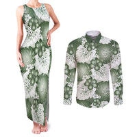 Sage Green Aloha Hawaii Couples Matching Tank Maxi Dress and Long Sleeve Button Shirt Monstera Hibiscus Plumeria Seamless Vibes - Polynesian Pride