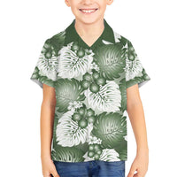 Sage Green Aloha Hawaii Family Matching Off Shoulder Short Dress and Hawaiian Shirt Monstera Hibiscus Plumeria Seamless Vibes - Polynesian Pride