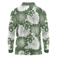 Sage Green Aloha Hawaii Long Sleeve Polo Shirt Monstera Hibiscus Plumeria Seamless Vibes - Polynesian Pride