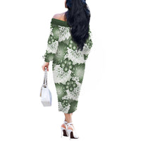 Sage Green Aloha Hawaii Off The Shoulder Long Sleeve Dress Monstera Hibiscus Plumeria Seamless Vibes - Polynesian Pride