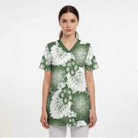 Sage Green Aloha Hawaii Scrub Top Monstera Hibiscus Plumeria Seamless Vibes - Polynesian Pride