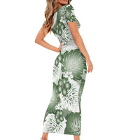 Sage Green Aloha Hawaii Short Sleeve Bodycon Dress Monstera Hibiscus Plumeria Seamless Vibes - Polynesian Pride