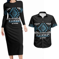 Aotearoa Atua Ranginui Personalised Couples Matching Long Sleeve Bodycon Dress and Hawaiian Shirt Maori Sky Father Taniko Motifs LT14 Blue - Polynesian Pride