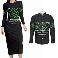Aotearoa Atua Papatuanuku Personalised Couples Matching Long Sleeve Bodycon Dress and Long Sleeve Button Shirt Maori Earth Mother Taniko Motifs LT14 Green - Polynesian Pride