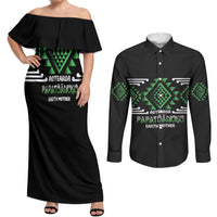 Aotearoa Atua Papatuanuku Personalised Couples Matching Off Shoulder Maxi Dress and Long Sleeve Button Shirt Maori Earth Mother Taniko Motifs LT14 Green - Polynesian Pride