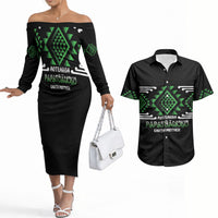 Aotearoa Atua Papatuanuku Personalised Couples Matching Off The Shoulder Long Sleeve Dress and Hawaiian Shirt Maori Earth Mother Taniko Motifs LT14 Green - Polynesian Pride