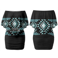 Aotearoa Atua Tangaroa Personalised Family Matching Off Shoulder Short Dress and Hawaiian Shirt Maori God Of The Sea Taniko Motifs LT14 Mom's Dress Turquoise - Polynesian Pride