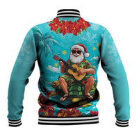 Hawaii Christmas Baseball Jacket Mele Kalikimaka Poinsettia Lei - Cyan