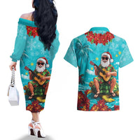 Hawaii Christmas Couples Matching Off The Shoulder Long Sleeve Dress and Hawaiian Shirt Mele Kalikimaka Poinsettia Lei - Cyan
