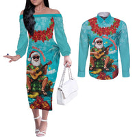 Hawaii Christmas Couples Matching Off The Shoulder Long Sleeve Dress and Long Sleeve Button Shirt Mele Kalikimaka Poinsettia Lei - Cyan