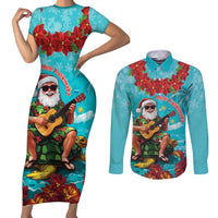 Hawaii Christmas Couples Matching Short Sleeve Bodycon Dress and Long Sleeve Button Shirt Mele Kalikimaka Poinsettia Lei - Cyan
