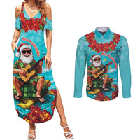 Hawaii Christmas Couples Matching Summer Maxi Dress and Long Sleeve Button Shirt Mele Kalikimaka Poinsettia Lei - Cyan