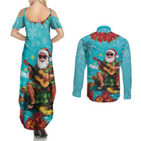 Hawaii Christmas Couples Matching Summer Maxi Dress and Long Sleeve Button Shirt Mele Kalikimaka Poinsettia Lei - Cyan