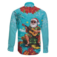 Hawaii Christmas Family Matching Long Sleeve Bodycon Dress and Hawaiian Shirt Mele Kalikimaka Poinsettia Lei - Cyan