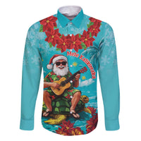 Hawaii Christmas Family Matching Off The Shoulder Long Sleeve Dress and Hawaiian Shirt Mele Kalikimaka Poinsettia Lei - Cyan