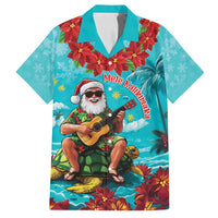 Hawaii Christmas Family Matching Off Shoulder Maxi Dress and Hawaiian Shirt Mele Kalikimaka Poinsettia Lei - Cyan