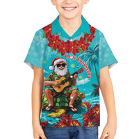 Hawaii Christmas Family Matching Off Shoulder Short Dress and Hawaiian Shirt Mele Kalikimaka Poinsettia Lei - Cyan