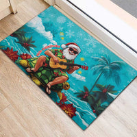 Hawaii Christmas Rubber Doormat Mele Kalikimaka Poinsettia Lei - Cyan