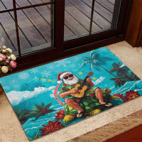 Hawaii Christmas Rubber Doormat Mele Kalikimaka Poinsettia Lei - Cyan