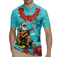 Hawaii Christmas Rugby Jersey Mele Kalikimaka Poinsettia Lei - Cyan