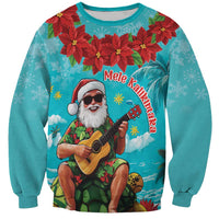 Hawaii Christmas Sweatshirt Mele Kalikimaka Poinsettia Lei - Cyan
