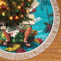 Hawaii Christmas Tree Skirt Mele Kalikimaka Poinsettia Lei - Cyan