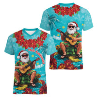 Hawaii Christmas Women V-Neck T-Shirt Mele Kalikimaka Poinsettia Lei - Cyan