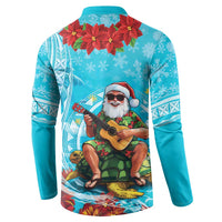 Hawaii Christmas Button Sweatshirt Mele Kalikimaka Poinsettia Lei Polynesian - Blue