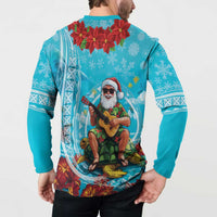 Hawaii Christmas Button Sweatshirt Mele Kalikimaka Poinsettia Lei Polynesian - Blue