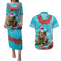 Hawaii Christmas Couples Matching Puletasi and Hawaiian Shirt Mele Kalikimaka Poinsettia Lei Polynesian - Blue