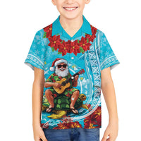 Hawaii Christmas Family Matching Off Shoulder Short Dress and Hawaiian Shirt Mele Kalikimaka Poinsettia Lei Polynesian - Blue
