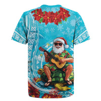 Hawaii Christmas Rugby Jersey Mele Kalikimaka Poinsettia Lei Polynesian - Blue