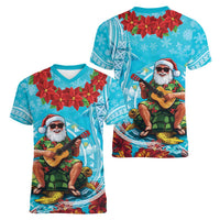 Hawaii Christmas Women V-Neck T-Shirt Mele Kalikimaka Poinsettia Lei Polynesian - Blue