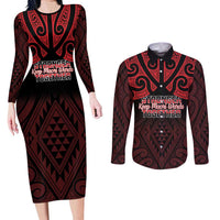 Personalised Keep Maori Wards New Zealand Couples Matching Long Sleeve Bodycon Dress and Long Sleeve Button Shirt Stronger Together Aotearoa Taniko - Polynesian Pride