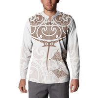New Zealand Manta Ray Tattoo Button Sweatshirt Aotearoa Maori Haehae Beige - Polynesian Pride