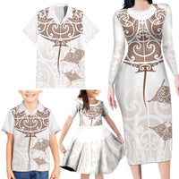 New Zealand Manta Ray Tattoo Family Matching Long Sleeve Bodycon Dress and Hawaiian Shirt Aotearoa Maori Haehae Beige - Polynesian Pride
