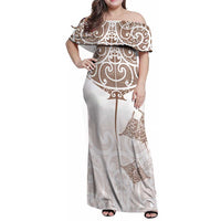 New Zealand Manta Ray Tattoo Family Matching Off Shoulder Maxi Dress and Hawaiian Shirt Aotearoa Maori Haehae Beige - Polynesian Pride
