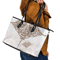 New Zealand Manta Ray Tattoo Leather Tote Bag Aotearoa Maori Haehae Beige - Polynesian Pride