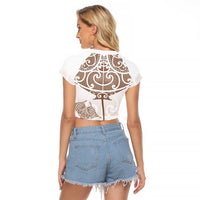 New Zealand Manta Ray Tattoo Raglan Cropped T Shirt Aotearoa Maori Haehae Beige - Polynesian Pride