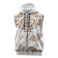 New Zealand Manta Ray Tattoo Sleeveless Zip Hoodie Aotearoa Maori Haehae Beige - Polynesian Pride